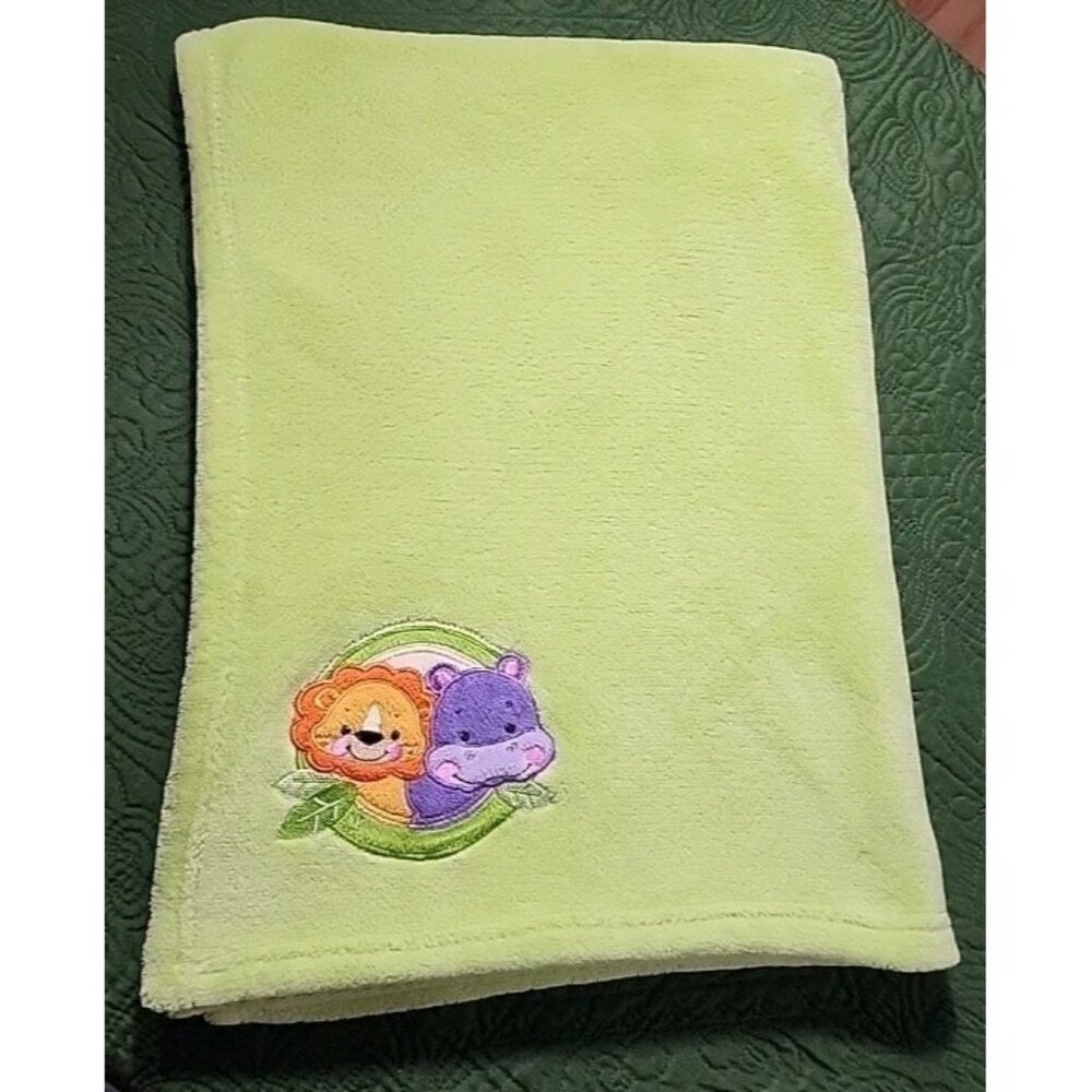 VTG Fisher Price baby blanket Green‎ fleece appliqued lion Hippo Zoo Jungle Cozy